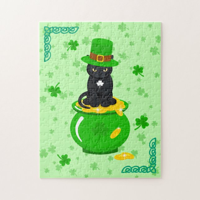 St. Patrick's Day Kleeblatt Pot of Gold Black Cat Puzzle (Vertikal)