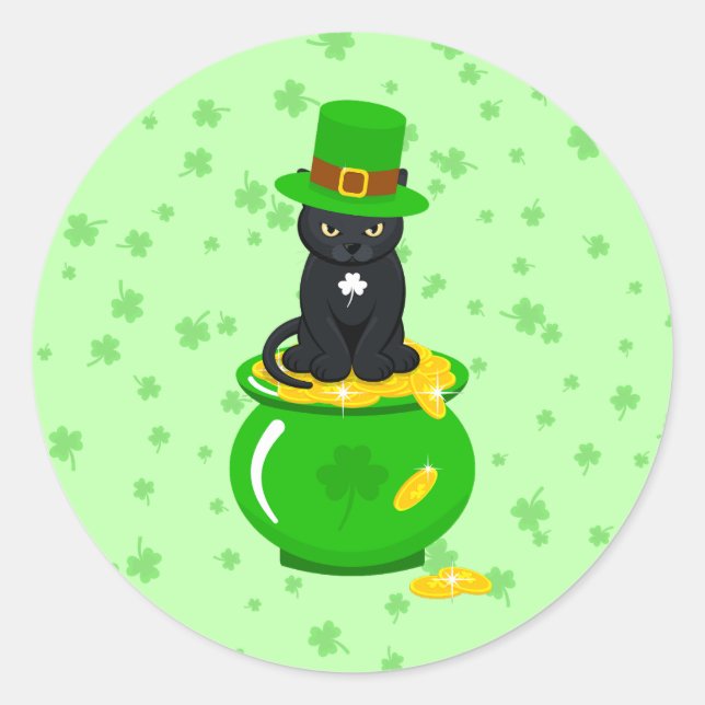 St. Patrick's Day Kleeblatt Pot of Gold Black Cat Runder Aufkleber (Vorderseite)