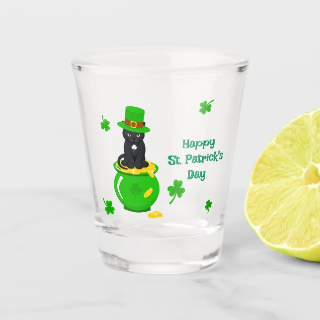 St. Patrick's Day Kleeblatt Pot of Gold Black Cat Schnapsglas (Vorderseite)