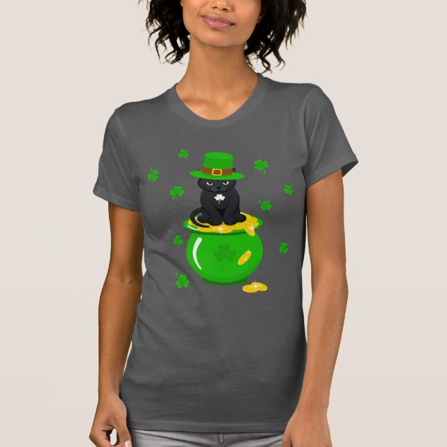 St. Patrick's Day Kleeblatt Pot of Gold Black Cat T-Shirt (Vorderseite)