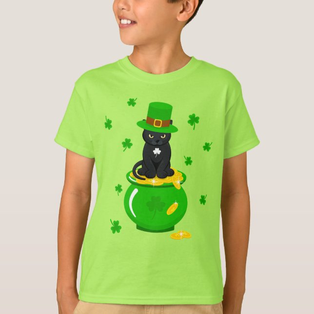 St. Patrick's Day Kleeblatt Pot of Gold Black Cat T-Shirt (Vorderseite)