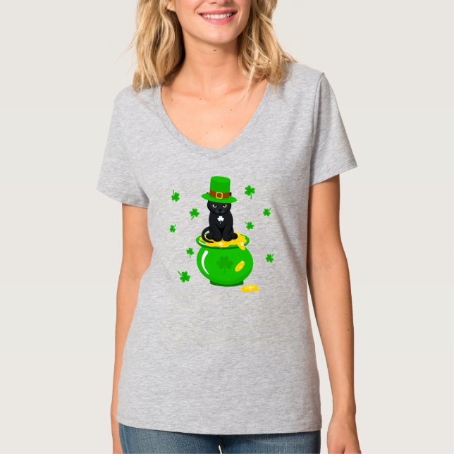 St. Patrick's Day Kleeblatt Pot of Gold Black Cat T-Shirt (Vorderseite)