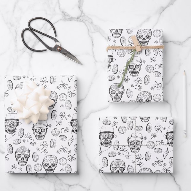 St Patricks Day Kleeblatt und Sugar Skull Geschenkpapier Set (Vorderseite)