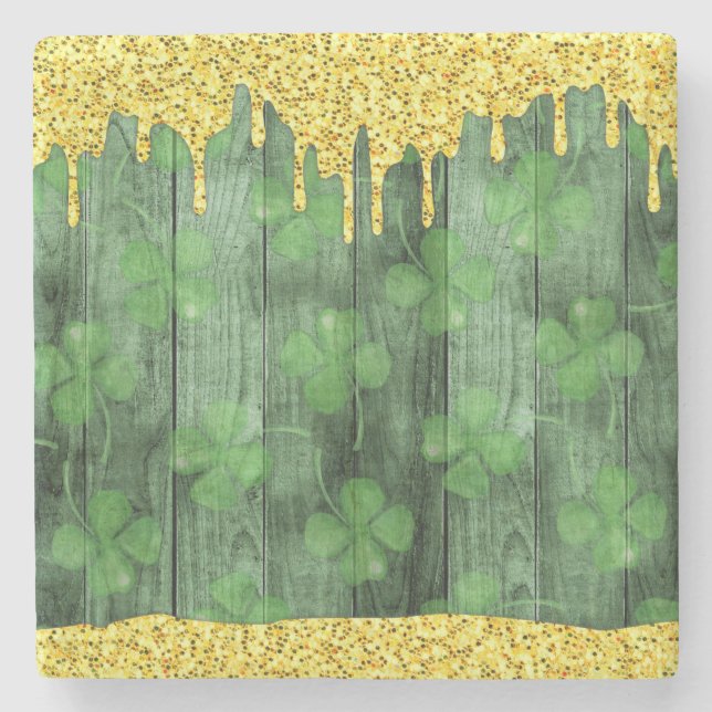 St. Patrick's Day Kleeblatts Glitzer Gold Tropfen Steinuntersetzer (Vorderseite)