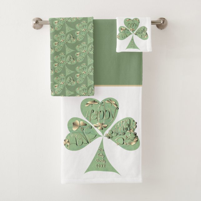 St. Patrick's Day Kleeblatts White Gray Green Badhandtuch Set (Insitu)