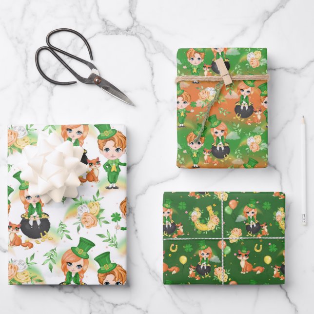 St. Patrick's Day Lad & Lass Wrapping Paper Geschenkpapier Set (Vorderseite)