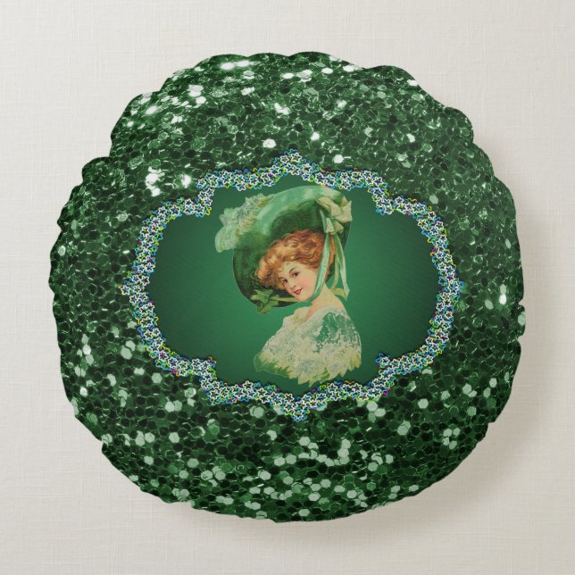 St. Patrick's Day Lady mit Hat Green Frame Imitate Rundes Kissen (Vorderseite)