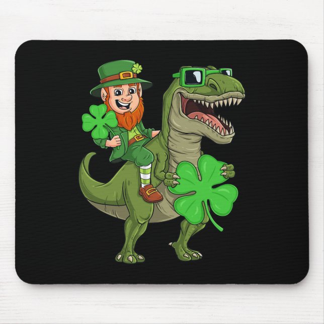 St Patricks Day Leprechaun Riding T Rex Fun Dino B Mousepad (Vorne)