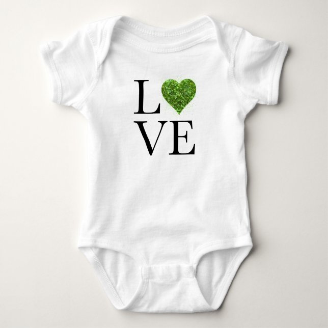St. Patrick's Day | LIEBE | Grün glitzerndes Herz Baby Strampler (Vorderseite)