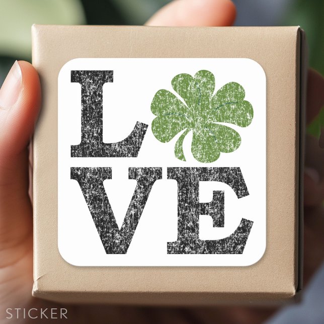 St Patricks Day LIEBE mit Kleeblatt Quadratischer Aufkleber (Custom Sticker - Personalize with your info for a party favor or gift)