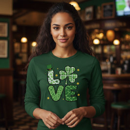 St. Patrick's Day LOVE Green Mixed Patterns Clover T-Shirt