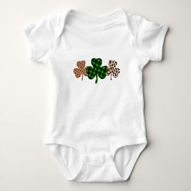 St Patricks Day Lucky Irish Green Kariert Kleeblat Baby Strampler (Vorderseite)