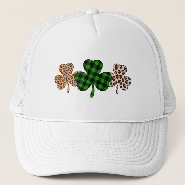 St Patricks Day Lucky Irish Green Kariert Kleeblat Truckerkappe (Vorderseite)