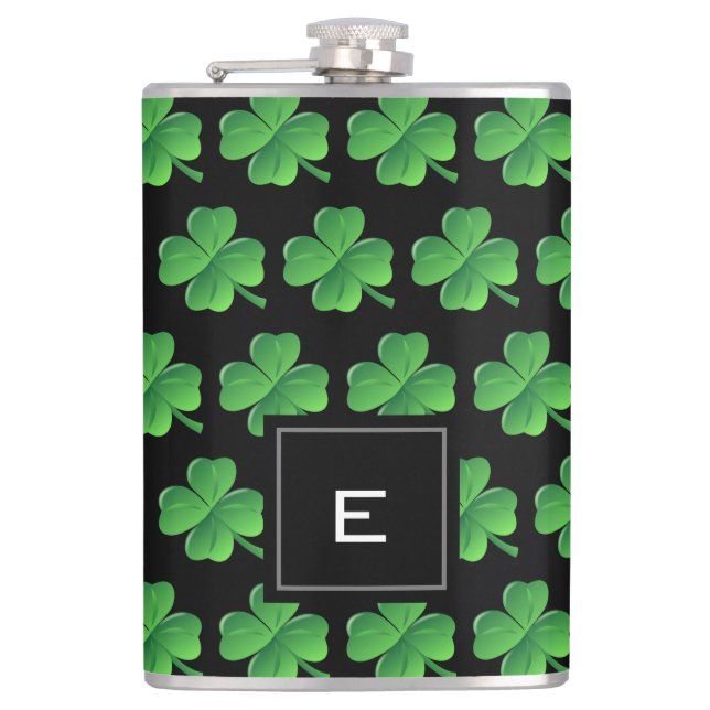 St Patricks Day Lucky Kleeblatt Pattern Monogram Flachmann (Vorderseite)