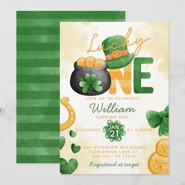St Patricks Day Lucky ONE Einladung zum 1. Geburts (Vorne/Hinten)