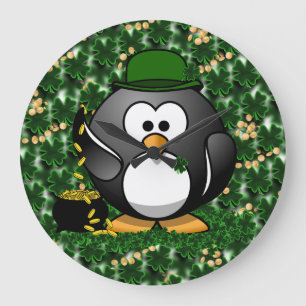 St. Patrick's Day Lucky Penguin with Pot Of Gold Große Wanduhr
