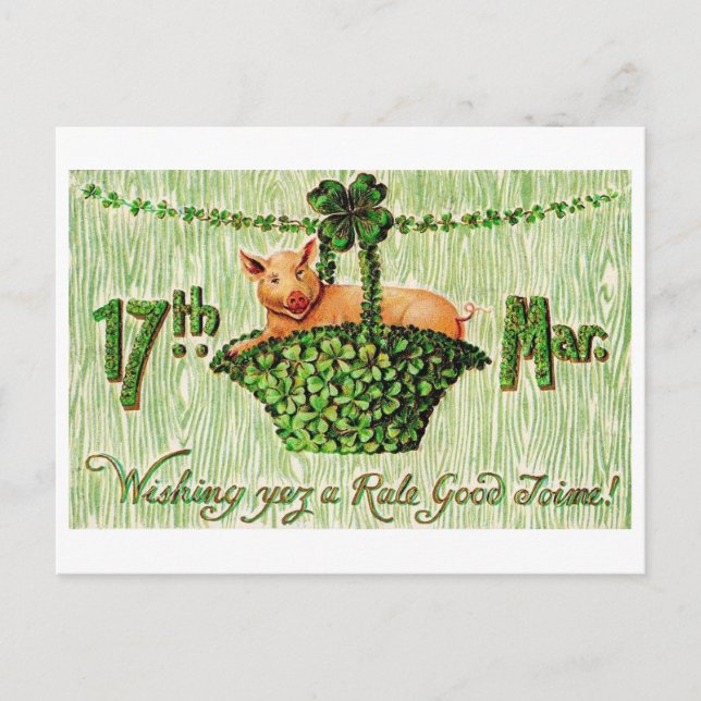 St. Patrick's Day Lucky Pig, Vintag Postkarte (Vorderseite)