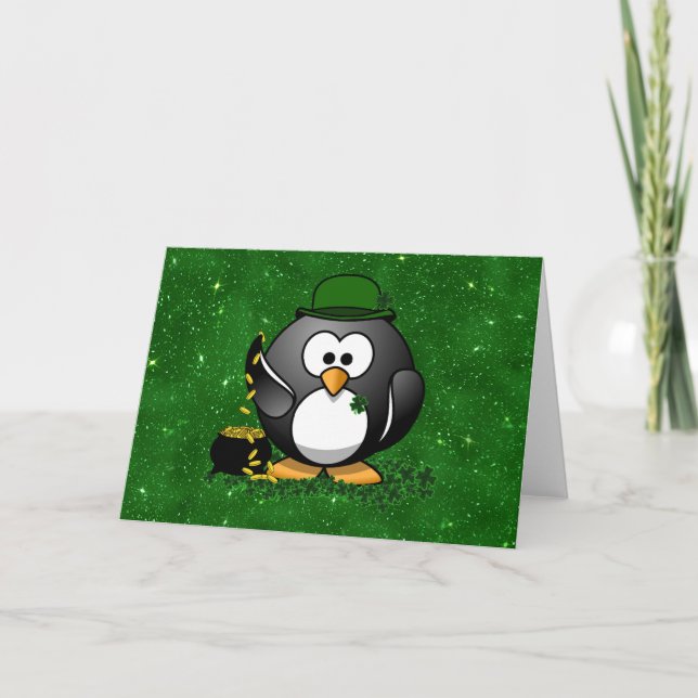 St. Patrick's Day Lucky Pinguin mit Pot Of Gold Karte (Vorderseite)