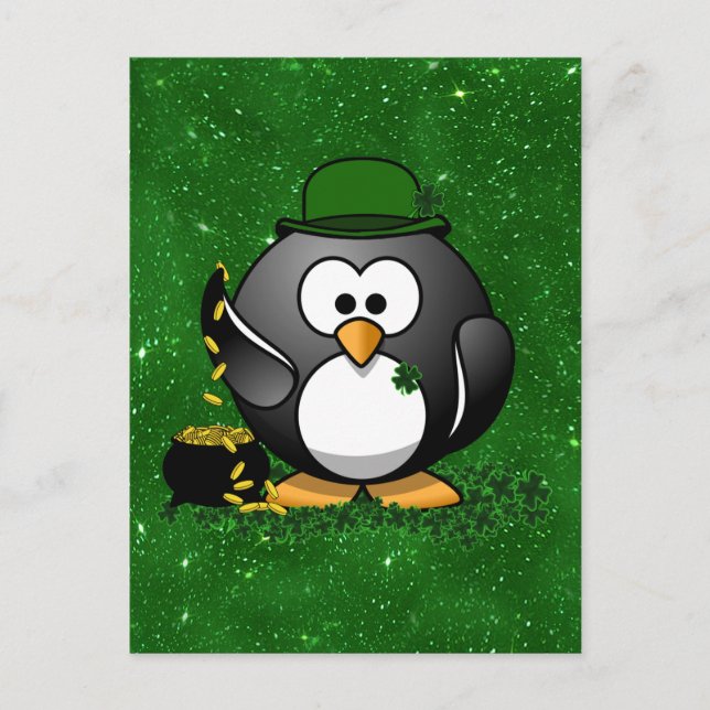 St. Patrick's Day Lucky Pinguin mit Pot Of Gold Postkarte (Vorderseite)