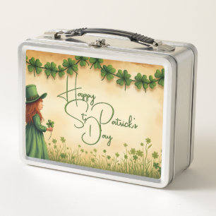 St. Patricks Day Mädchen mit Shamrocks Metall Brotdose