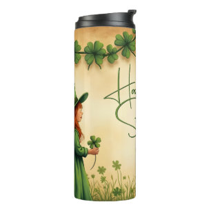 St. Patricks Day Mädchen mit Shamrocks Thermosbecher