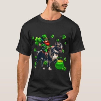 St Patrick's Day Man Riding Pit Bull Shamrocks T-Shirt