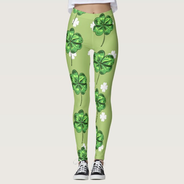 St. Patrick's Day mit Kleeblättern auf Grün Leggings (Vorderseite)