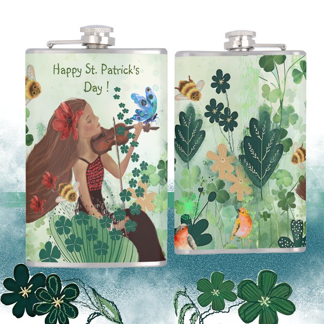 St. Patrick's Day mit Musik Flachmann (St Patrick's Day with Music Flask, with woman playing a violin )