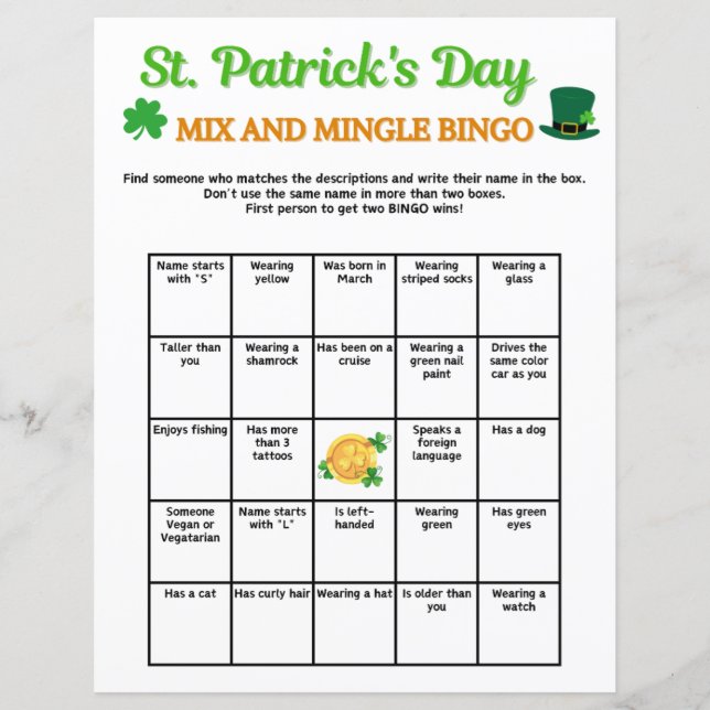 St. Patrick's Day Mix and Mingle Bingo Game (Vorderseite)