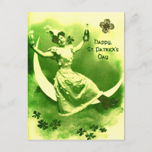 ST. PATRICK'S DAY MOON LADY MIT KLEEBLÄTTERN POSTKARTE