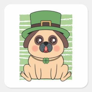 St. Patrick's Day Mops Dog Lucky Kleeblatt Quadratischer Aufkleber