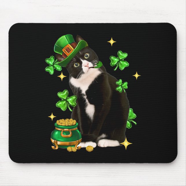 St Patricks Day Niedlich Tuxedo Cat Kleeblatt Iris Mousepad (Vorne)