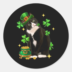 St Patricks Day Niedlich Tuxedo Cat Kleeblatt Iris Runder Aufkleber