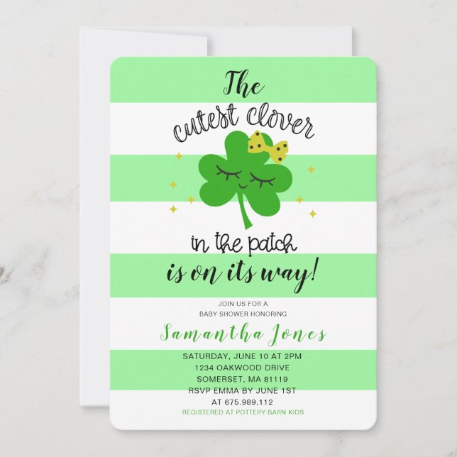 St Patrick's Day Niedliche Clover Baby Dusche Einladung (Vorderseite)