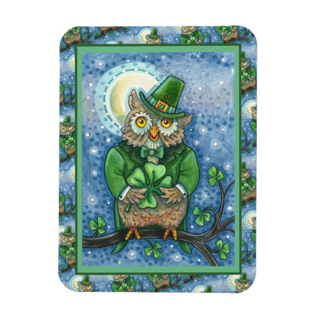 ST. PATRICK'S DAY OWL, 4 LEAF CLOVER LEPRECHAUN MAGNET (Vertikal)