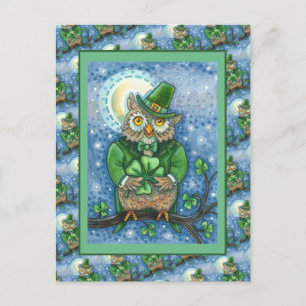 ST. PATRICK'S DAY OWL, 4 LEAF CLOVER LEPRECHAUN POSTKARTE
