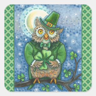 ST. PATRICK'S DAY OWL, 4 LEAF CLOVER LEPRECHAUN QUADRATISCHER AUFKLEBER