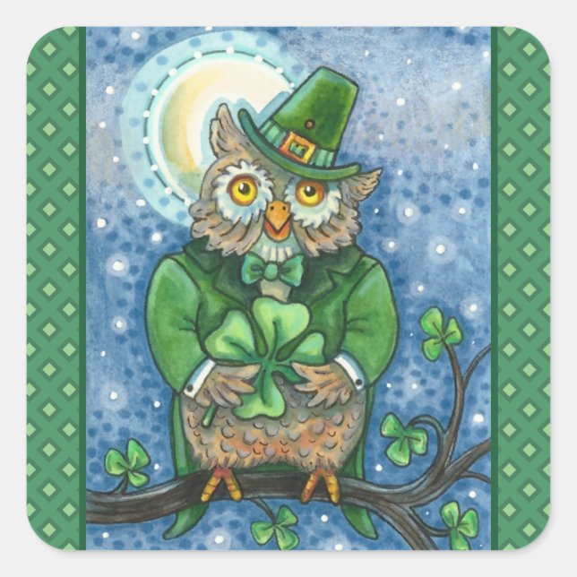 ST. PATRICK'S DAY OWL, 4 LEAF CLOVER LEPRECHAUN QUADRATISCHER AUFKLEBER (Vorderseite)