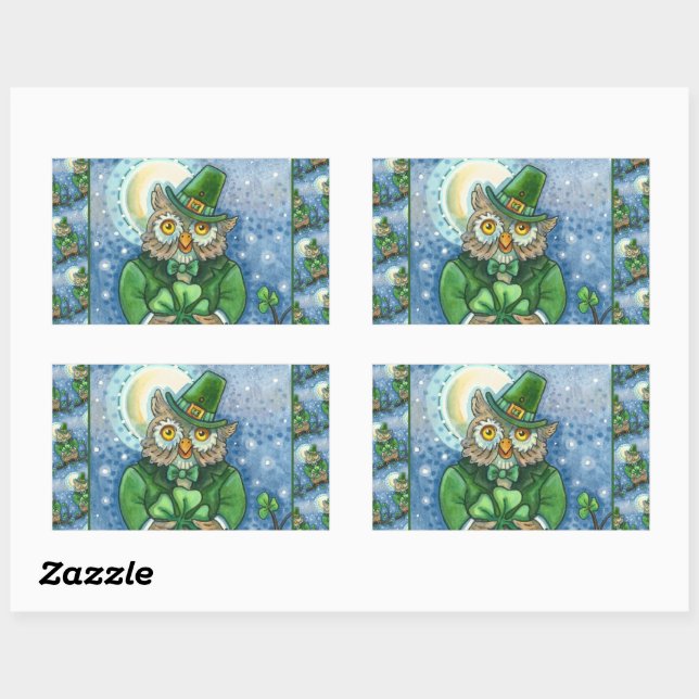 ST. PATRICK'S DAY OWL, 4 LEAF CLOVER LEPRECHAUN RECHTECKIGER AUFKLEBER (Blatt)