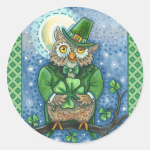 ST. PATRICK'S DAY OWL, 4 LEAF CLOVER LEPRECHAUN RUNDER AUFKLEBER