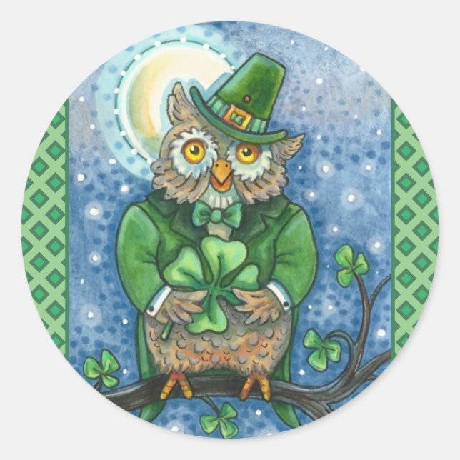 ST. PATRICK'S DAY OWL, 4 LEAF CLOVER LEPRECHAUN RUNDER AUFKLEBER (Vorderseite)
