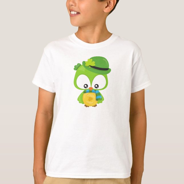 St. Patrick's Day Owl, Clovers, Leprechaun Hat T-Shirt (Vorderseite)