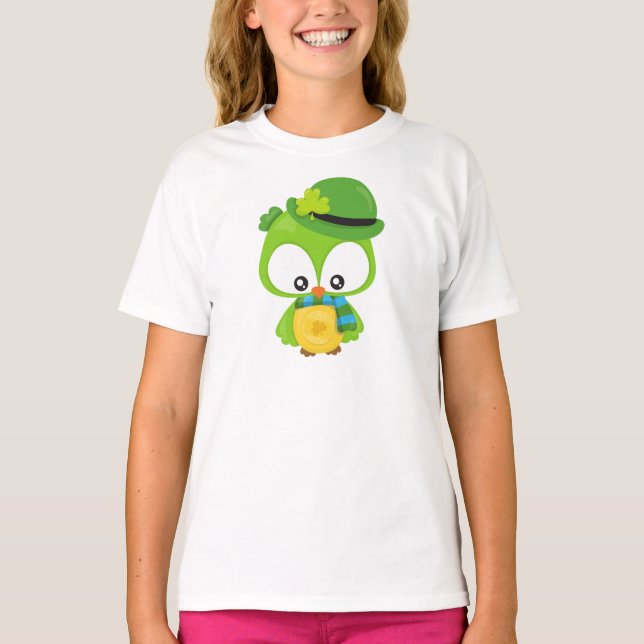 St. Patrick's Day Owl, Clovers, Leprechaun Hat T-Shirt (Vorderseite)