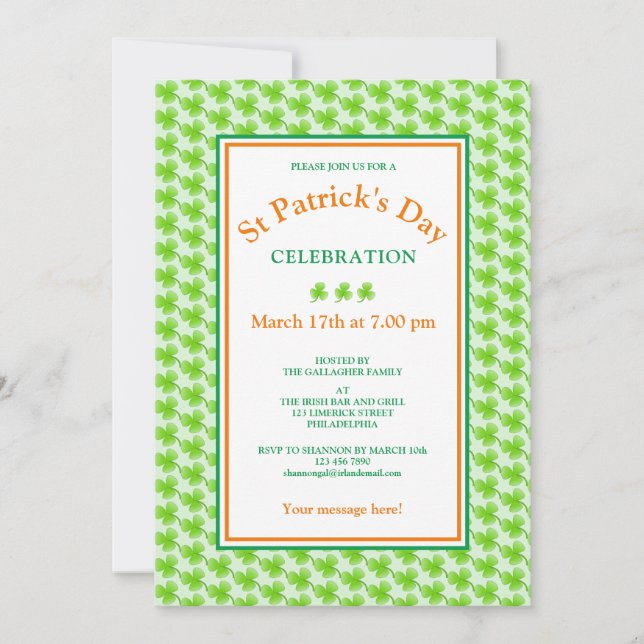 St Patrick's Day Party Green Orange Kleeblatt Einladung (Vorderseite)