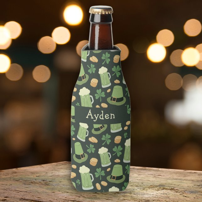St Patricks Day Pattern Sláinte Funny Green Name Flaschenkühler (Von Creator hochgeladen)
