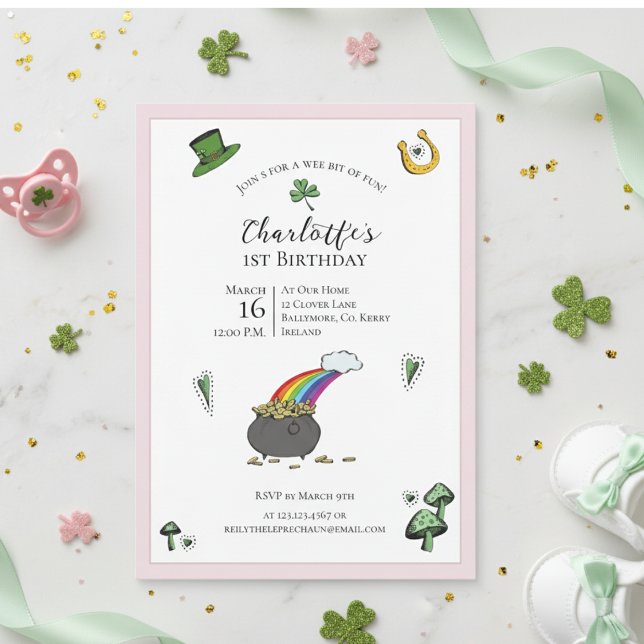 St Patricks Day Pink Rainbow 1. Geburtstag Einladung (Irish First Birthday Rainbow Pink Invite. Green Shamrock Pot of Gold St Patrick's Day 1st Birthday)