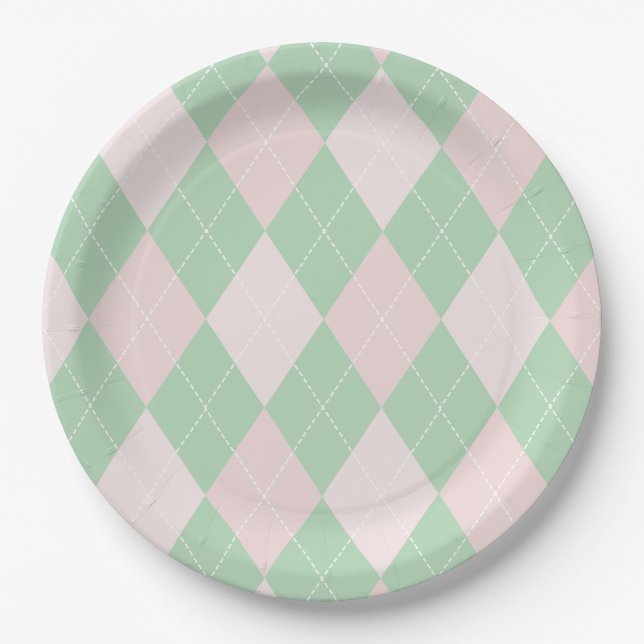 St Patricks Day Pink und Green Raute Baby Dusche Pappteller (Vorderseite)