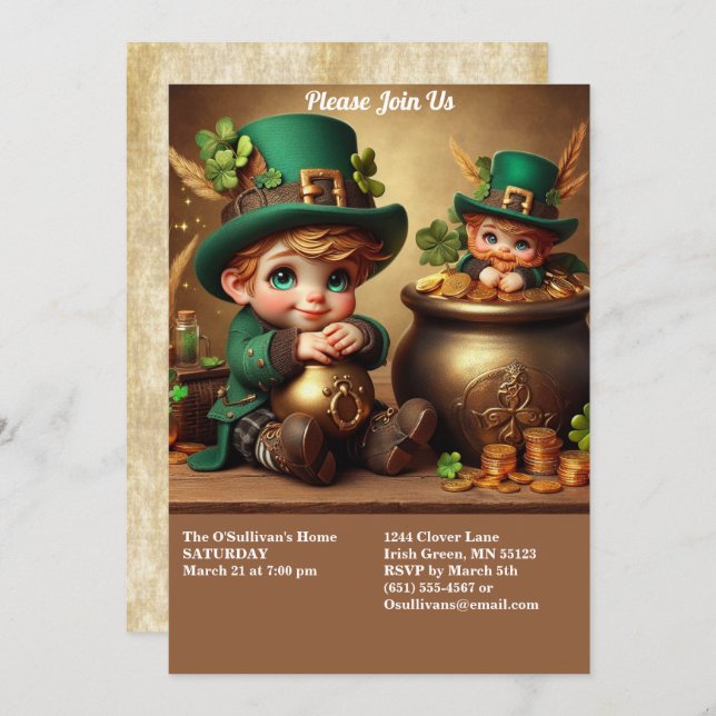 St Patrick's Day Pot of Gold Boy Leprechaun Party Einladung (Vorne/Hinten)