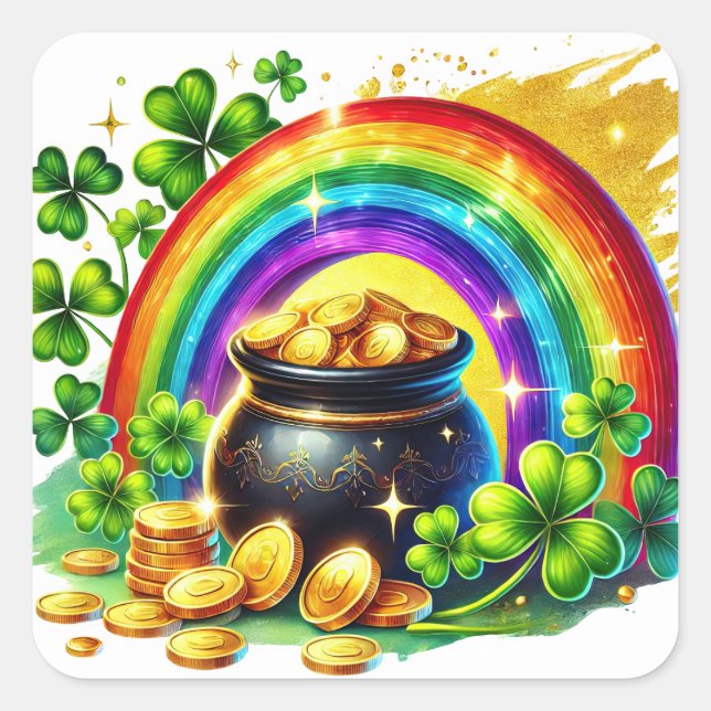 St Patricks Day Pot of Gold Illustration Quadratischer Aufkleber (Vorderseite)
