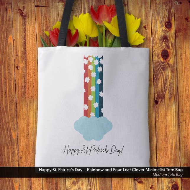 St. Patrick's Day Rainbow 4-Leaf Clover Minimalist (Happy St. Patrick's Day! Minimalist Tote Bag with a Rainbow and Four-Leaf Clover Design.)